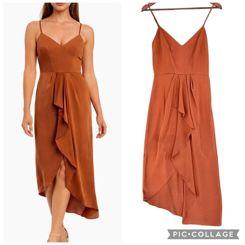 Gianni Bini Monique V-Neck High-Low Midi Dress Terracotta Burnt Size 4 Cocktail